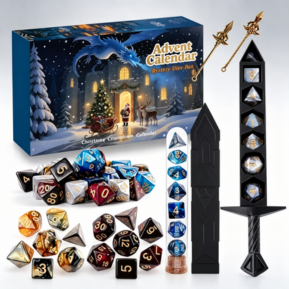 D20 Advent dice calendar with a blue dragon over a snowy castle