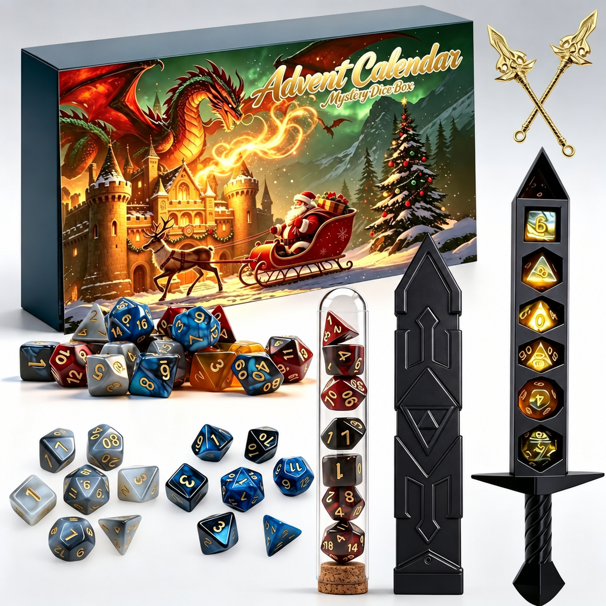 D20 Advent mystery dice calendar with gold fire-breathing dragon artwork