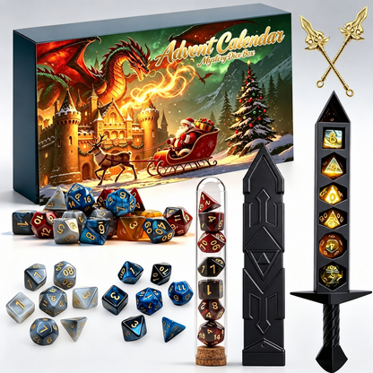 D20 Advent mystery dice calendar with gold fire-breathing dragon artwork