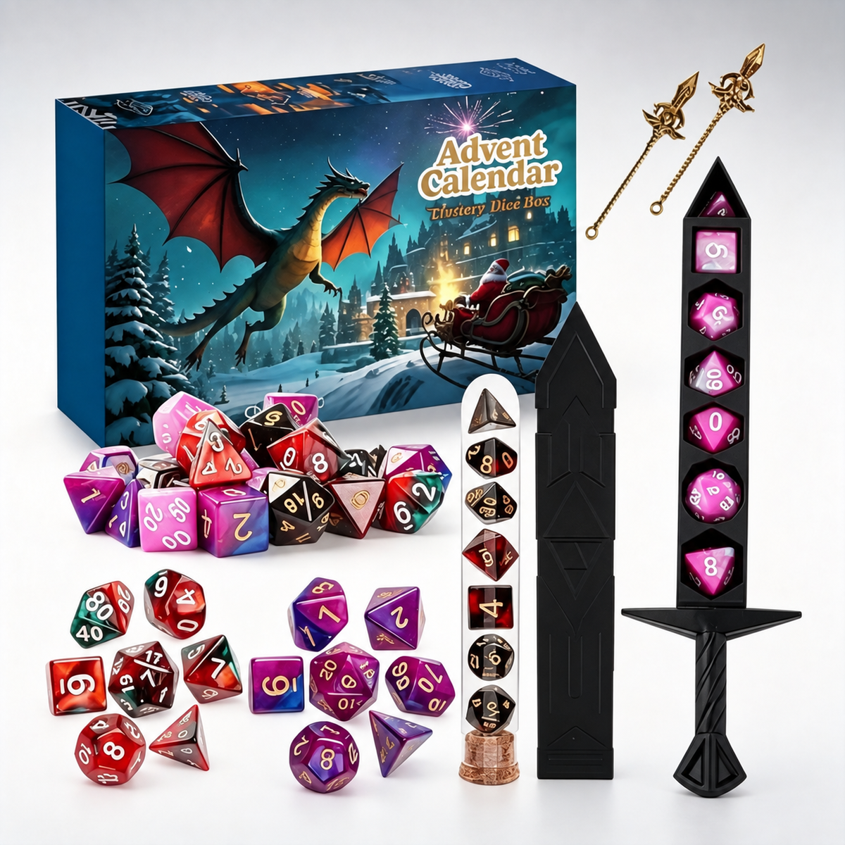 D20 Advent fantasy dice calendar with purple dice and display accessories