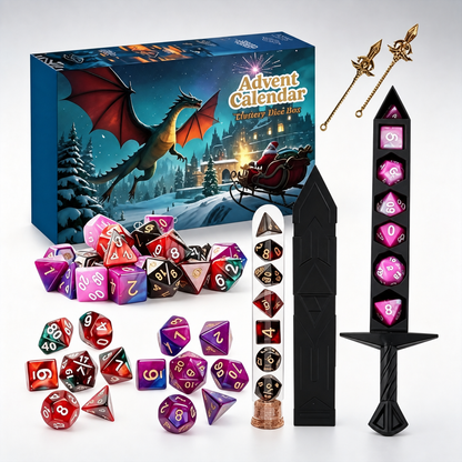D20 Advent fantasy dice calendar with purple dice and display accessories
