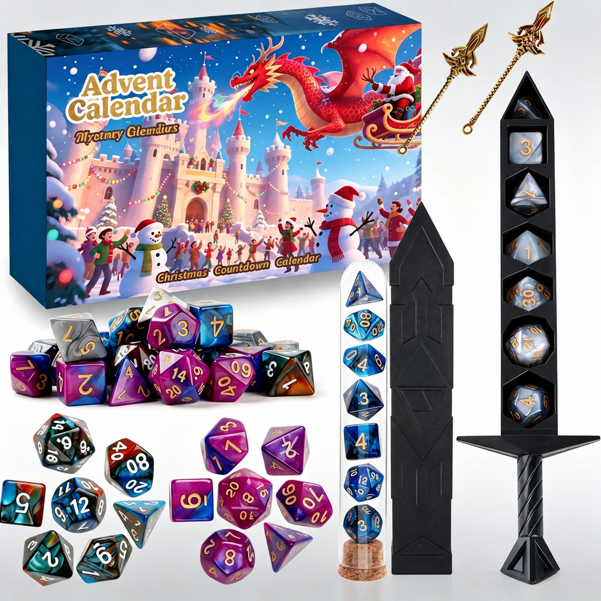D20 Advent red dragon dice calendar with colourful dice and display accessories